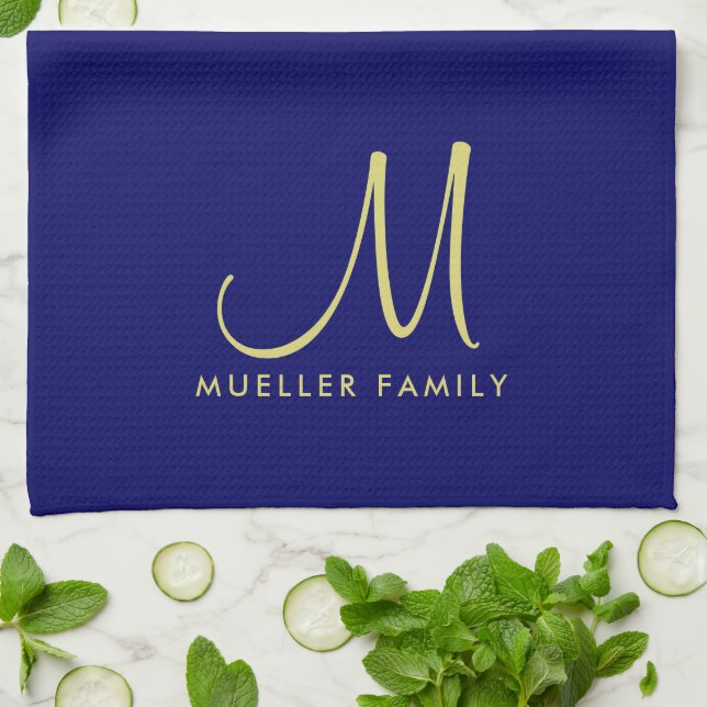 Template Gold Monogram Family Name Navy Blue Kitchen Towel (Folded)