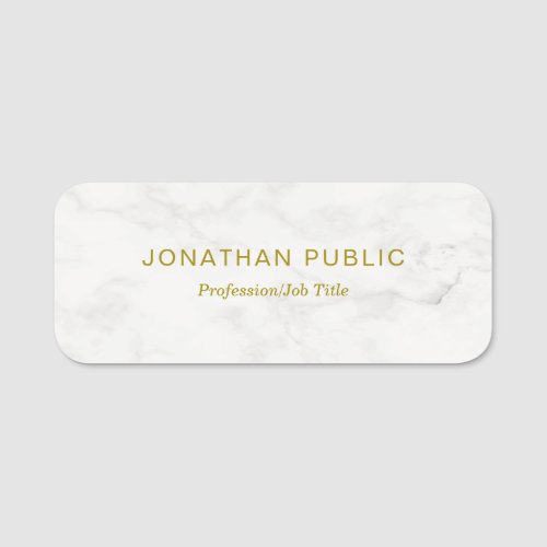 Template Gold Text White Marble Modern Minimalist Name Tag