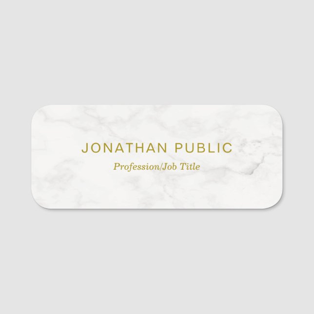 Template Gold Text White Marble Modern Minimalist Name Tag (Front)