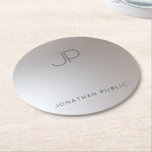Template Modern Elegant Monogram Gold Silver Round Paper Coaster