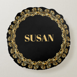 TEMPLATE, Name, Decorative gold frame Round Pillow