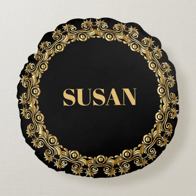 TEMPLATE, Name, Decorative gold frame Round Pillow (Front)