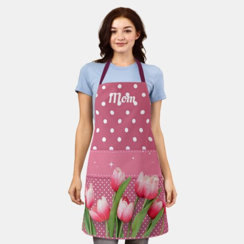 Template Pink Tulips on Pink and White Polka Dots  Apron
