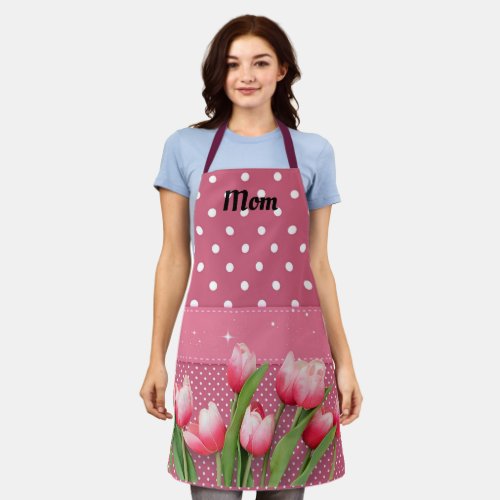 Template Pink Tulips on Pink and White Polka Dots Apron