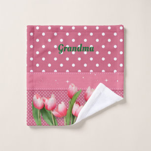 Template Pink Tulips on Pink and White Polka Dots Wash Cloth