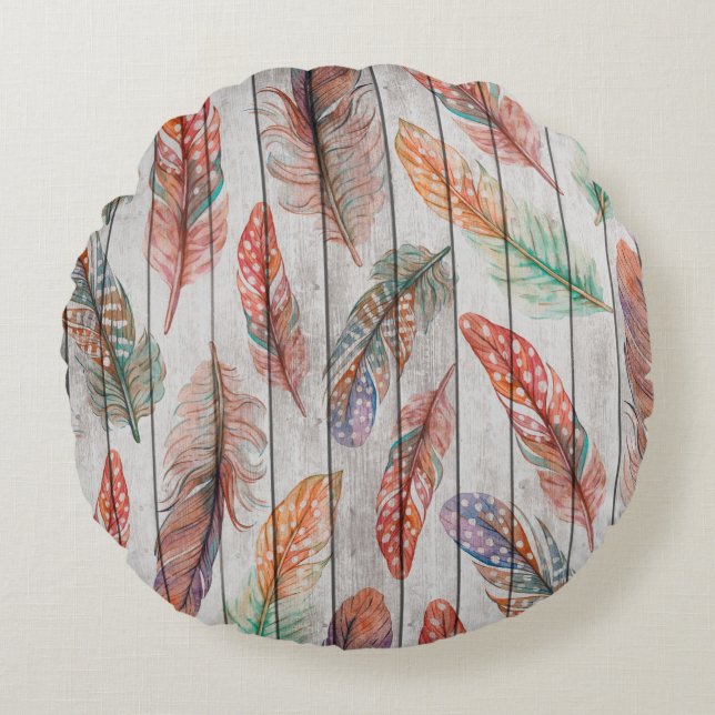 Template seamless pattern with color feathers. Fre Round Pillow (Front)