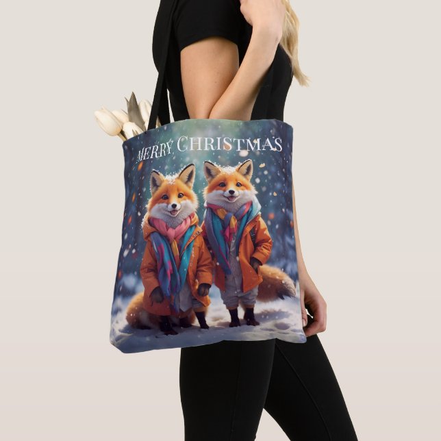 Template Tote Bag Cute Foxes In A Snowy Forest (Close Up)