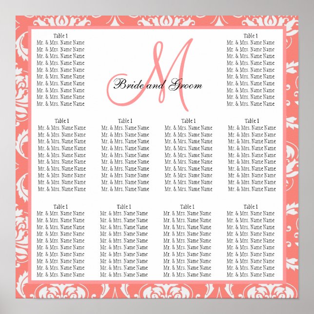 Template Wedding Seating Chart Damask Coral Pink (Front)