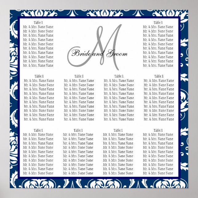 Template Wedding Seating Chart Damask Navy Blue (Front)