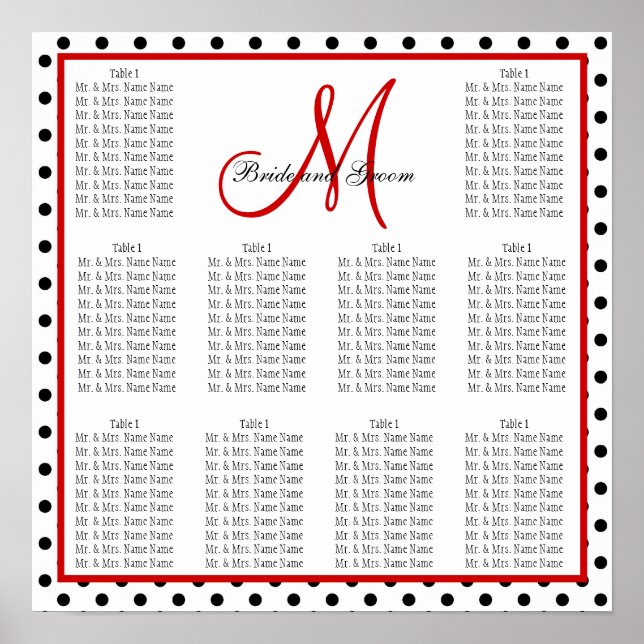 Template Wedding Seating Chart Dots Monogram Red (Front)