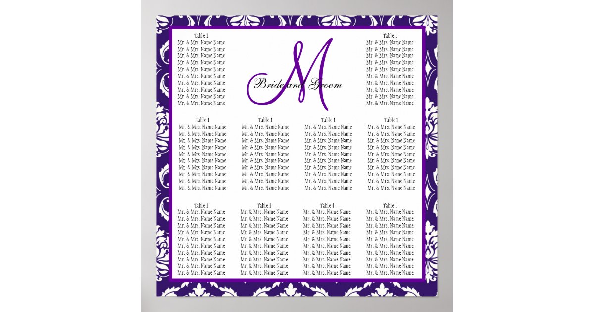 template wedding seating chart purple damask zazzle com wedding seating chart zazzle