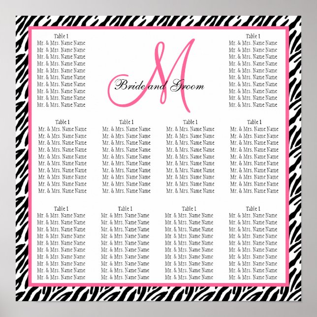 Template Wedding Seating Chart Zebra Pink (Front)
