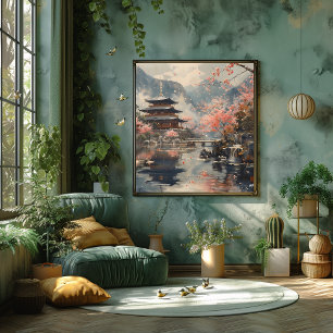 Temple and Cherry Blossoms in Bloom: Impressionist Poster