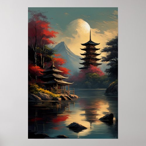 Temple and Pagoda by the Lake Poster