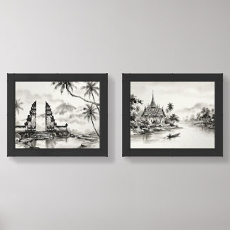 Temple Landscape Ink Wash- Bali & Thailand Wall Art Sets