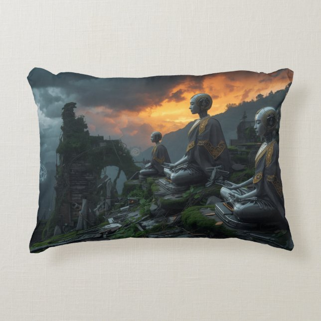 Temple of the Last AI Monks: Futuristic Sci Fi  Accent Pillow (Front)