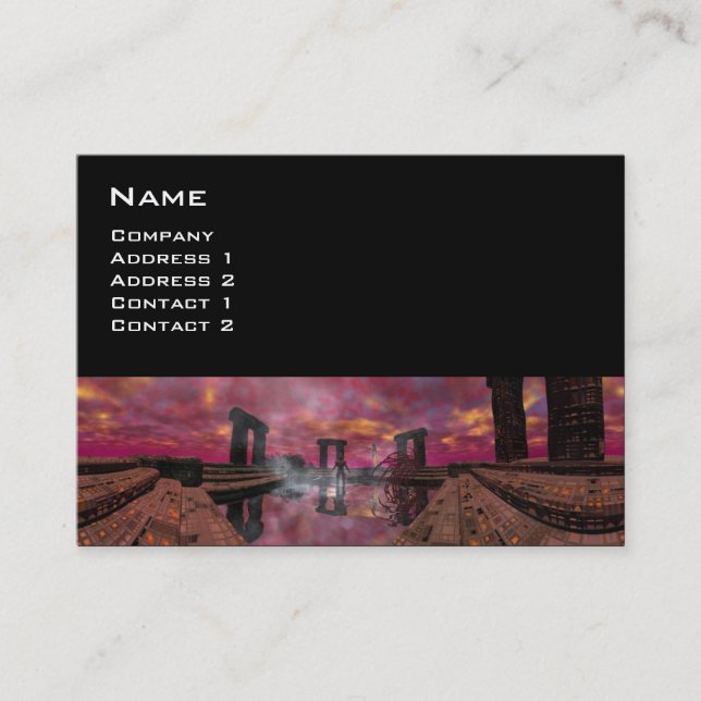 TEMPLE OF THE WATER Purple Black Science Fiction Business Card (Front)