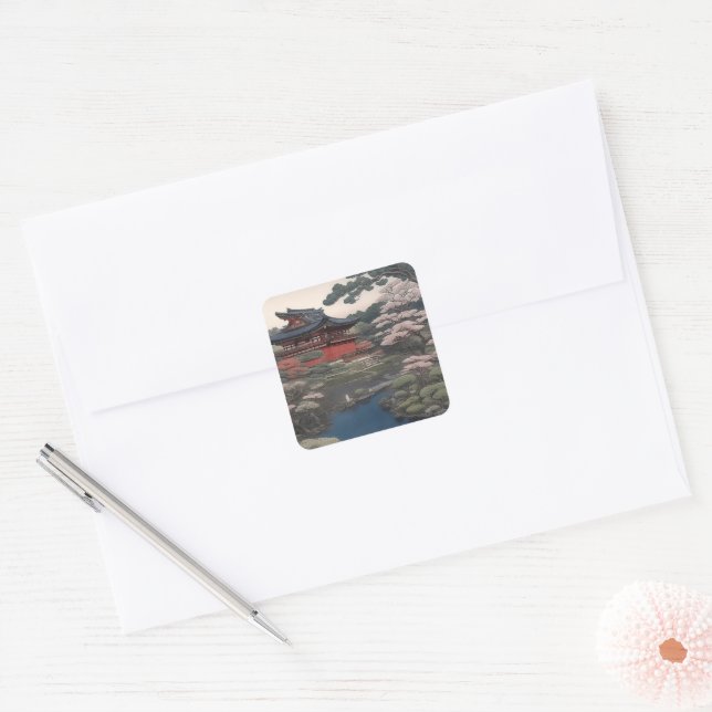 Temple on the river - Japan Square Sticker (Envelope)
