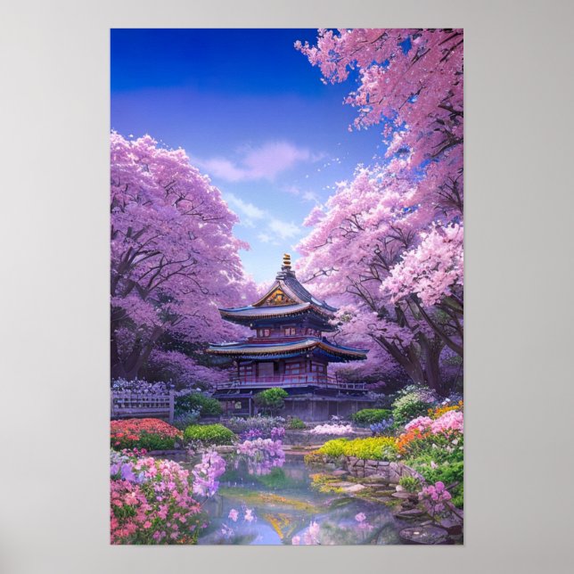 Temple Surrounded by Sakura Trees Poster (Front)