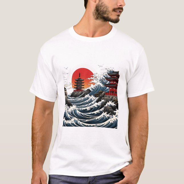 Temple Wave Art - Ukiyo-e Japanese Sunset Design T-Shirt (Front)