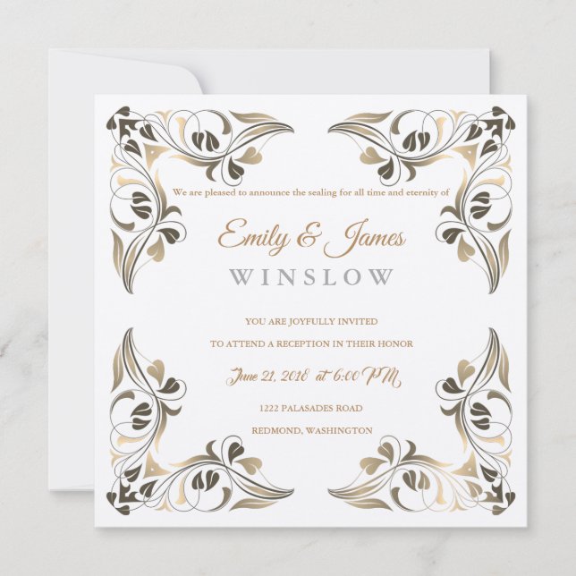 Temple Wedding Reception Card Fancy Leaf Borders (Front)