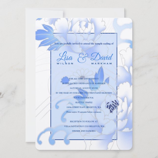 Temple Wedding & Reception Invite-Blue Peonies Invitation (Front)