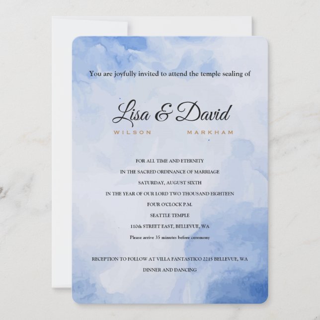 Temple Wedding & Reception Invite-Blue Watercolor Invitation (Front)