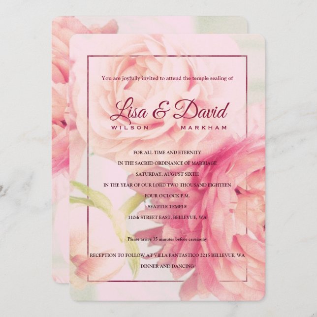 Temple Wedding & Reception Invite-Peonies Invitation (Front/Back)