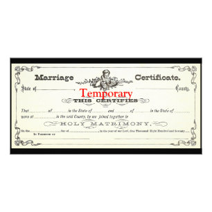 Temporary Marriage Certificate Card