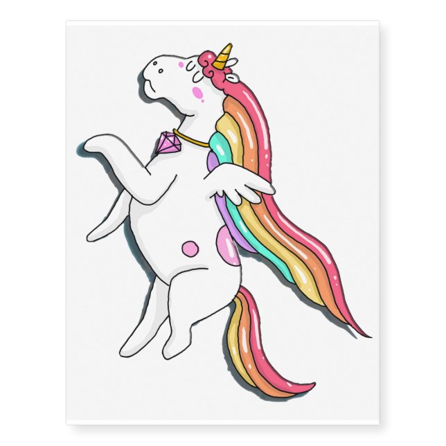 TEMPORARY TATTOO Flying White Unicorn Rainbow Mane (Front)