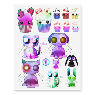 Temporary tattoos of kawaii cupcakes and cat