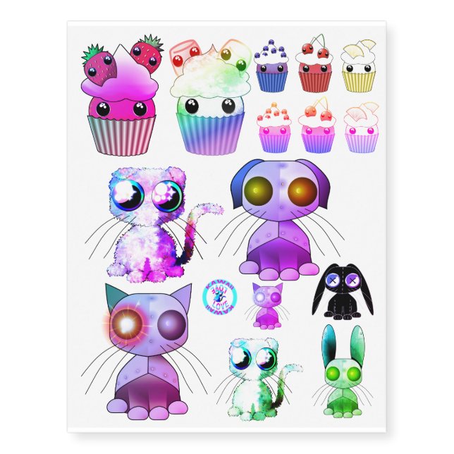 Temporary tattoos of kawaii cupcakes and cat (Front)