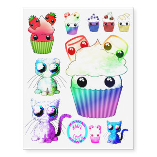 Temporary tattoos of kawaii cupcakes and cats
