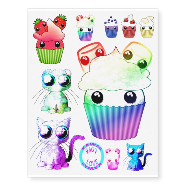 Temporary tattoos of kawaii cupcakes and cats (Front)