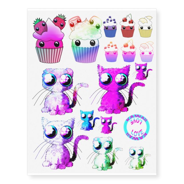 Temporary tattoos of kawaii cupcakes and cats (Front)