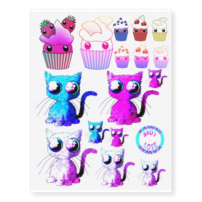 Temporary tattoos of kawaii cupcakes and cats (Front)