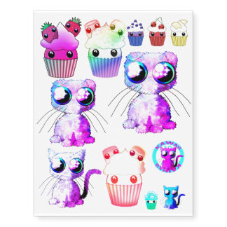 Temporary tattoos of kawaii cupcakes and cats
