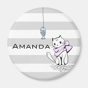 Tempted White Cat & Fish Magnet