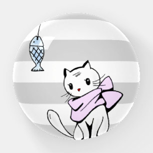 Tempted White Cat & Fish Paperweight