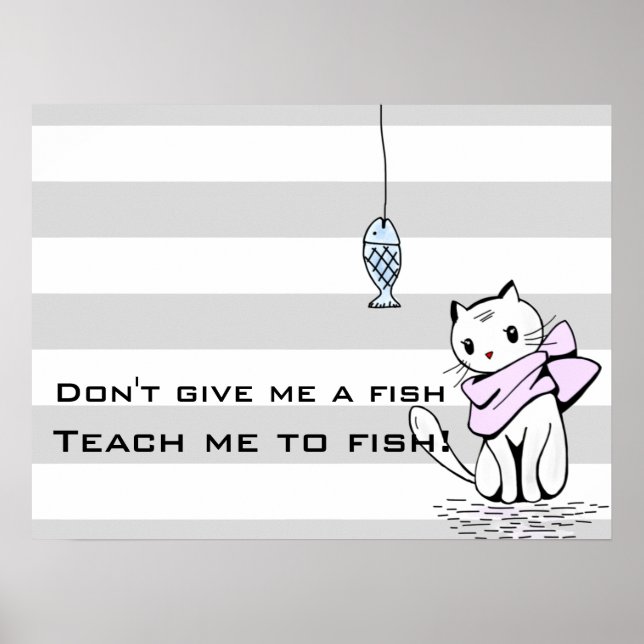 Tempted White Cat & Fish Poster (Front)