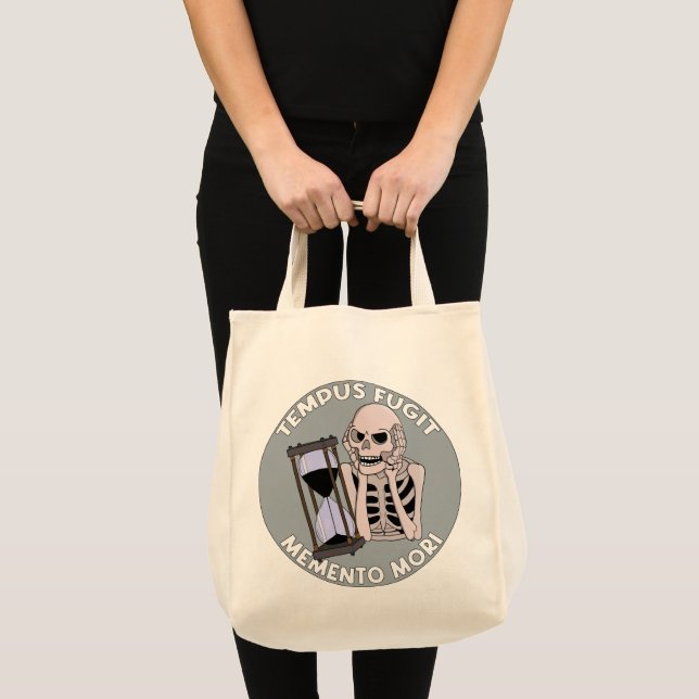 Tempus Fugit Skeleton Memento Mori Hourglass Tote Bag (Front (Product))