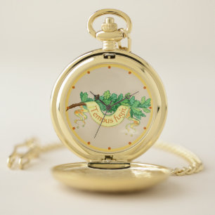 "Tempus fugit" time flies scroll and oak leaf Pocket Watch