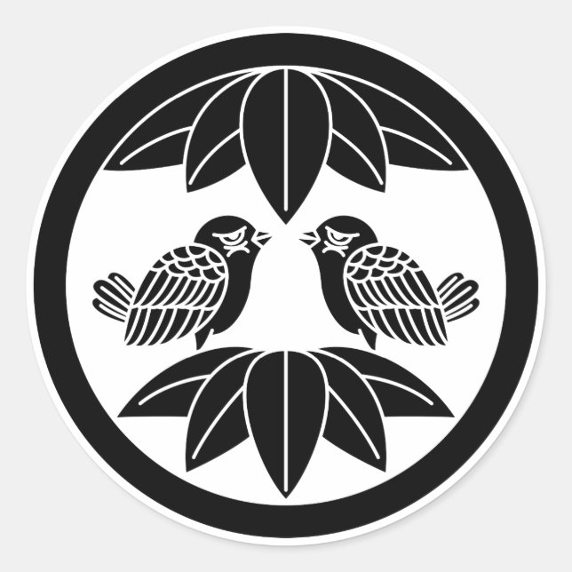 Ten bamboo leaves & facing sparrows in circle classic round sticker (Front)