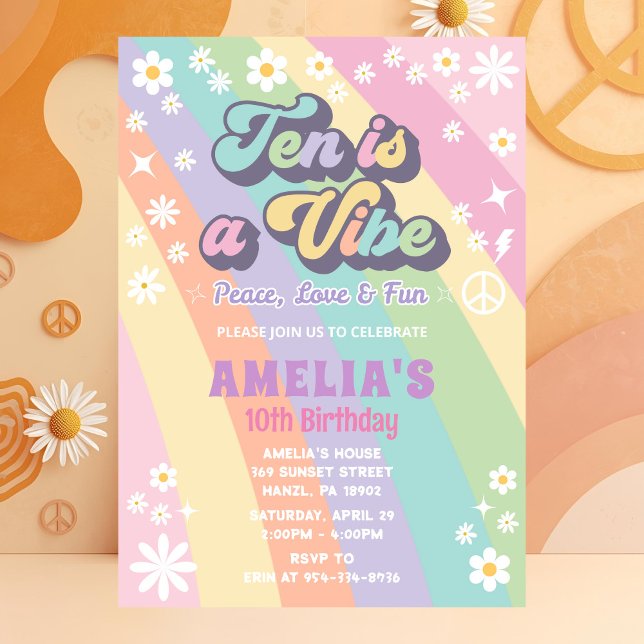 Ten Birthday Invite | Groovy Retro Hippie (Creator Uploaded)