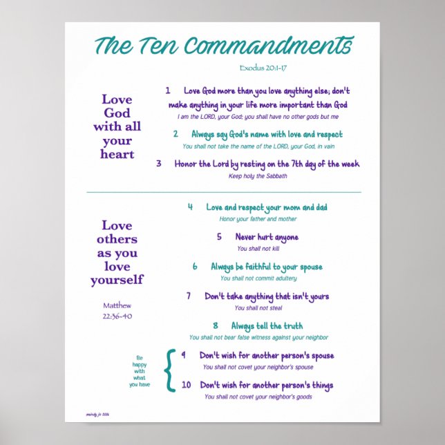 Ten Commandments for Kids--Teal/Purple Poster (Front)