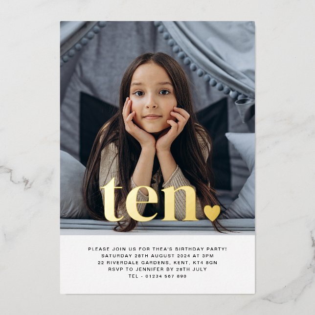 Ten Heart Photo Birthday Gold Foil Invitation (Front)