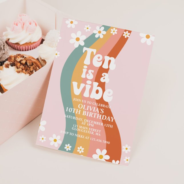 Ten is a Vibe groovy daisy rainbow 10th birthday Invitation (Creator Uploaded)