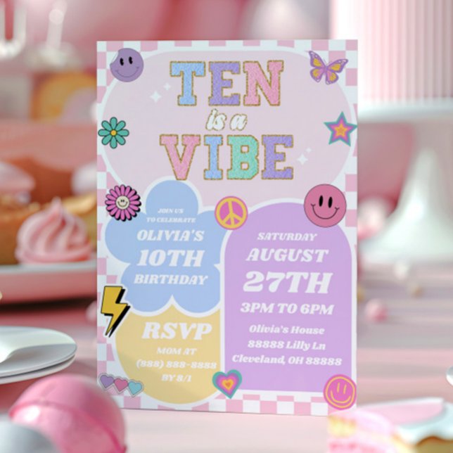 Ten Is A Vibe Preppy Patch 10th Birthday Party Invitation (Creator Uploaded)