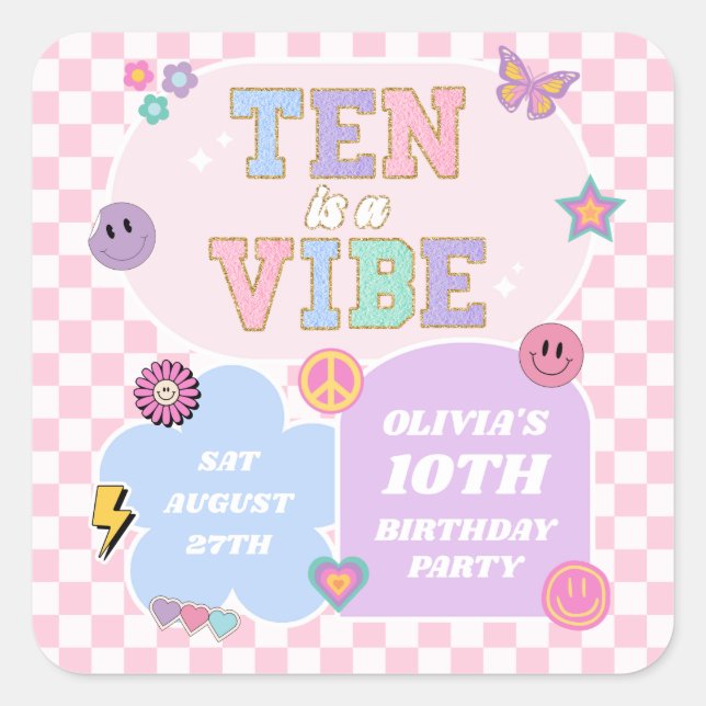 Ten Is A Vibe Preppy Patch 10th Birthday Party Square Sticker (Front)