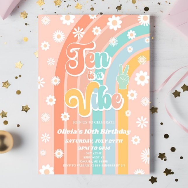 Ten Is A Vibe Rainbow Daisy 10th Birthday Party Invitation (Creator Uploaded)